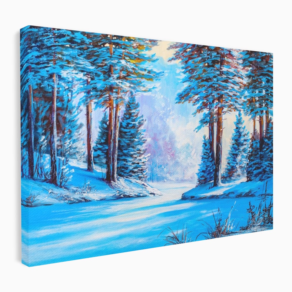 Tablou canvas cu pictura peisaj de iarna cu padure si zapada, fara rama, pe sasiu de lemn